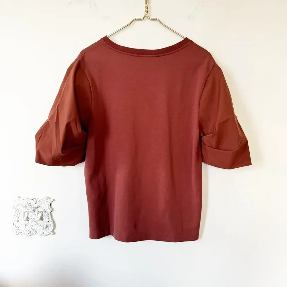 NWOT Athleta Harlow Puff Sleeve Hybrid Tee S Rust Brown - Picture 7 of 10